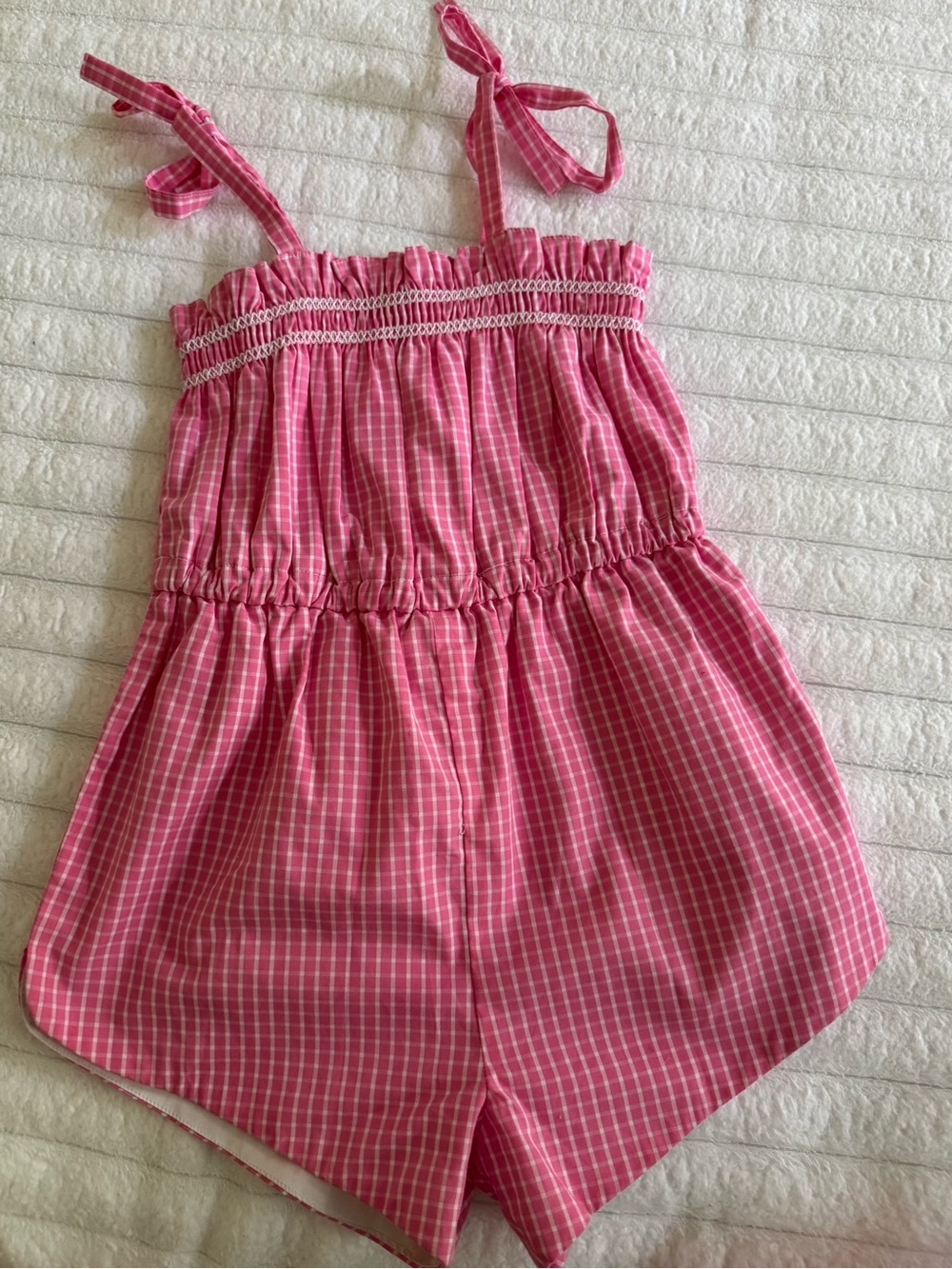 TBBC the Beaufort bonnet company girls smocked tie shoulder Pink Gingham Romper